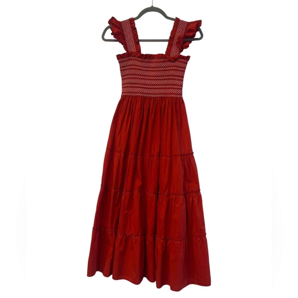 Hill House Nap Dress Red Smocked Midi Dress with Ruffle Straps - XS
